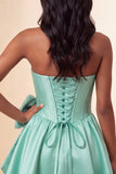 A-lijn mintgroen satijn strapless veter op de achterkant parel korset homecoming jurk met strik