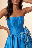 A-lijn mintgroen satijn strapless veter op de achterkant parel korset homecoming jurk met strik