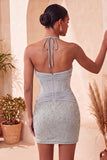 Marineblauwe bodycon halter hals korset met gerimpelde homecoming-jurk met kralen