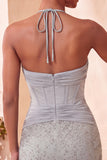 Marineblauwe bodycon halter hals korset met gerimpelde homecoming-jurk met kralen