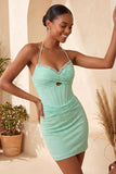 Marineblauwe bodycon halter hals korset met gerimpelde homecoming-jurk met kralen