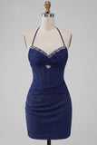 Marineblauwe bodycon halter hals korset met gerimpelde homecoming-jurk met kralen