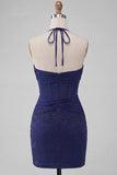 Marineblauwe bodycon halter hals korset met gerimpelde homecoming-jurk met kralen