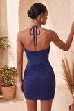 Marineblauwe bodycon halter hals korset met gerimpelde homecoming-jurk met kralen