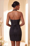 Paarse bodycon halterhals met veter homecomingjurk met ruches