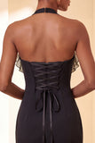 Paarse bodycon halterhals met veter homecomingjurk met ruches