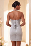 Paarse bodycon halterhals met veter homecomingjurk met ruches