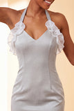 Paarse bodycon halterhals met veter homecomingjurk met ruches