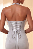 Paarse bodycon halterhals met veter homecomingjurk met ruches