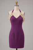 Paarse bodycon halterhals met veter homecomingjurk met ruches