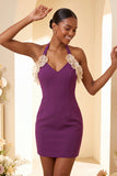 Paarse bodycon halterhals met veter homecomingjurk met ruches