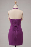 Paarse bodycon halterhals met veter homecomingjurk met ruches