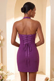 Paarse bodycon halterhals met veter homecomingjurk met ruches