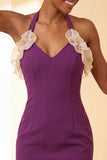 Paarse bodycon halterhals met veter homecomingjurk met ruches