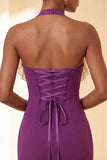 Paarse bodycon halterhals met veter homecomingjurk met ruches