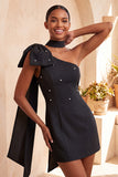 Bodycon Eenschouder lichtblauwe parelmoer strik Homecoming jurk met zijmantel