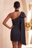Bodycon Eenschouder lichtblauwe parelmoer strik Homecoming jurk met zijmantel