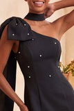 Bodycon Eenschouder lichtblauwe parelmoer strik Homecoming jurk met zijmantel