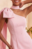 Bodycon Eenschouder lichtblauwe parelmoer strik Homecoming jurk met zijmantel