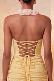 Halter neck rode bodycon gerimpelde glitter homecoming jurk met ruches en kant op de rug