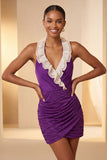 Halter neck rode bodycon gerimpelde glitter homecoming jurk met ruches en kant op de rug