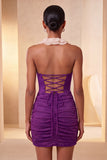 Halter neck rode bodycon gerimpelde glitter homecoming jurk met ruches en kant op de rug