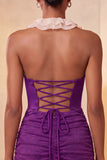 Halter neck rode bodycon gerimpelde glitter homecoming jurk met ruches en kant op de rug