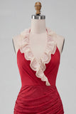 Halter neck rode bodycon gerimpelde glitter homecoming jurk met ruches en kant op de rug