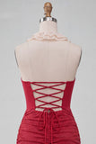 Halter neck rode bodycon gerimpelde glitter homecoming jurk met ruches en kant op de rug