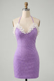 Lichtpaarse bodycon halterhals met geraffe kralenjurk homecoming jurk met kant op de rug