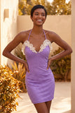 Lichtpaarse bodycon halterhals met geraffe kralenjurk homecoming jurk met kant op de rug