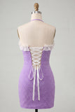 Lichtpaarse bodycon halterhals met geraffe kralenjurk homecoming jurk met kant op de rug