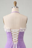 Lichtpaarse bodycon halterhals met geraffe kralenjurk homecoming jurk met kant op de rug