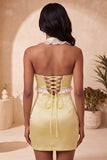 Satijnpaarse Bodycon Halter Neck Korte Homecoming-jurk met kralen en kant op de rug