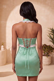 Satijnpaarse Bodycon Halter Neck Korte Homecoming-jurk met kralen en kant op de rug