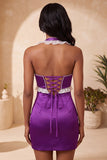 Satijnpaarse Bodycon Halter Neck Korte Homecoming-jurk met kralen en kant op de rug