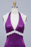 Satijnpaarse Bodycon Halter Neck Korte Homecoming-jurk met kralen en kant op de rug