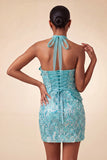 Lila halterhals bodycon pailletten korte homecomingjurk met kant op de rug