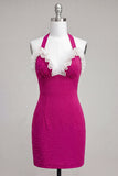Fuchsia Bodycon halter hals met ruches en kanten achterin homecoming jurk met kralen