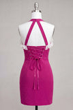 Fuchsia Bodycon halter hals met ruches en kanten achterin homecoming jurk met kralen
