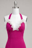 Fuchsia Bodycon halter hals met ruches en kanten achterin homecoming jurk met kralen