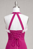 Fuchsia Bodycon halter hals met ruches en kanten achterin homecoming jurk met kralen