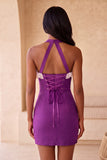 Fuchsia Bodycon halter hals met ruches en kanten achterin homecoming jurk met kralen