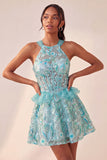Lake Blue korset halter hals pailletten A-lijn ruches kant achter homecoming jurk