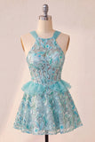Lake Blue korset halter hals pailletten A-lijn ruches kant achter homecoming jurk
