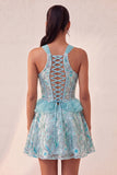 Lake Blue korset halter hals pailletten A-lijn ruches kant achter homecoming jurk