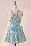 Lake Blue korset halter hals pailletten A-lijn ruches kant achter homecoming jurk