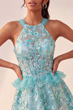 Lake Blue korset halter hals pailletten A-lijn ruches kant achter homecoming jurk