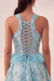 Lake Blue korset halter hals pailletten A-lijn ruches kant achter homecoming jurk