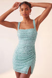 Hemelsblauwe bodycon vierkante hals pailletten met gerimpelde kant achter homecoming jurk met split